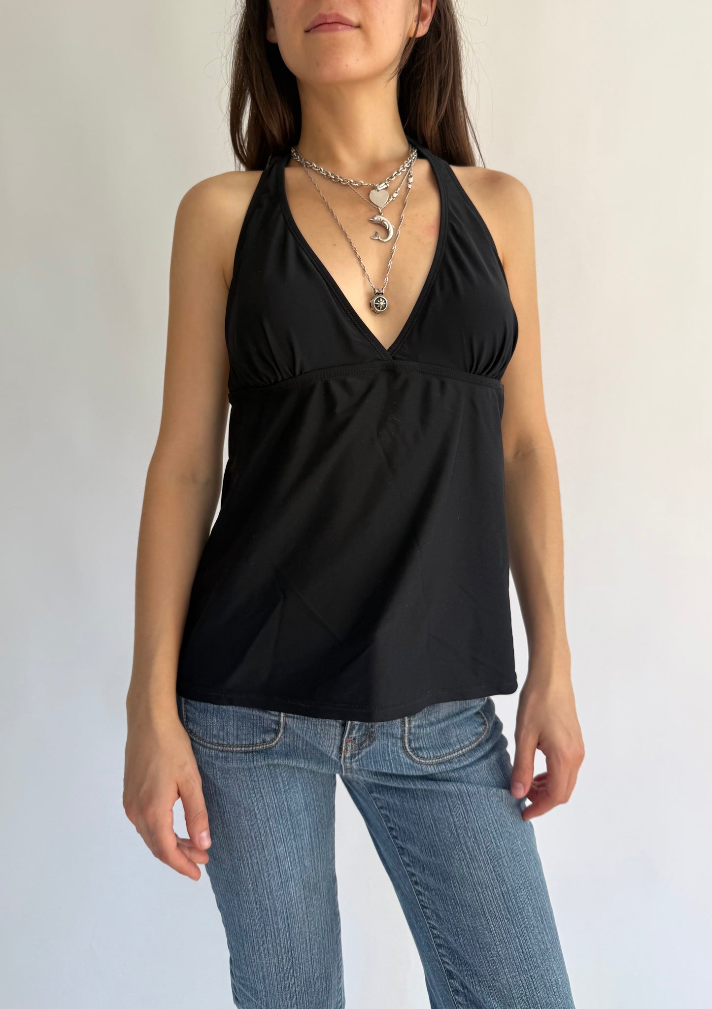 Y2K black halter v-neck top