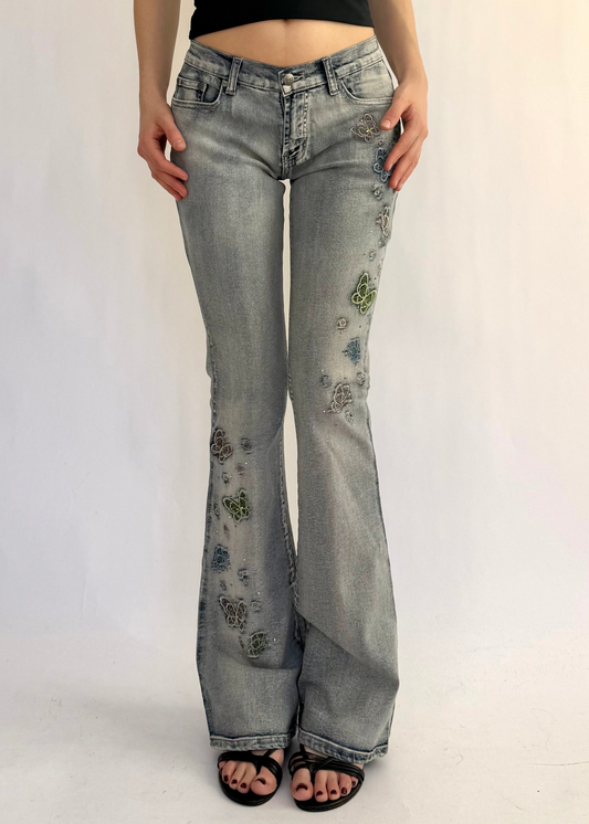 Y2K/2000s insane low rise flared butterfly patch jeans