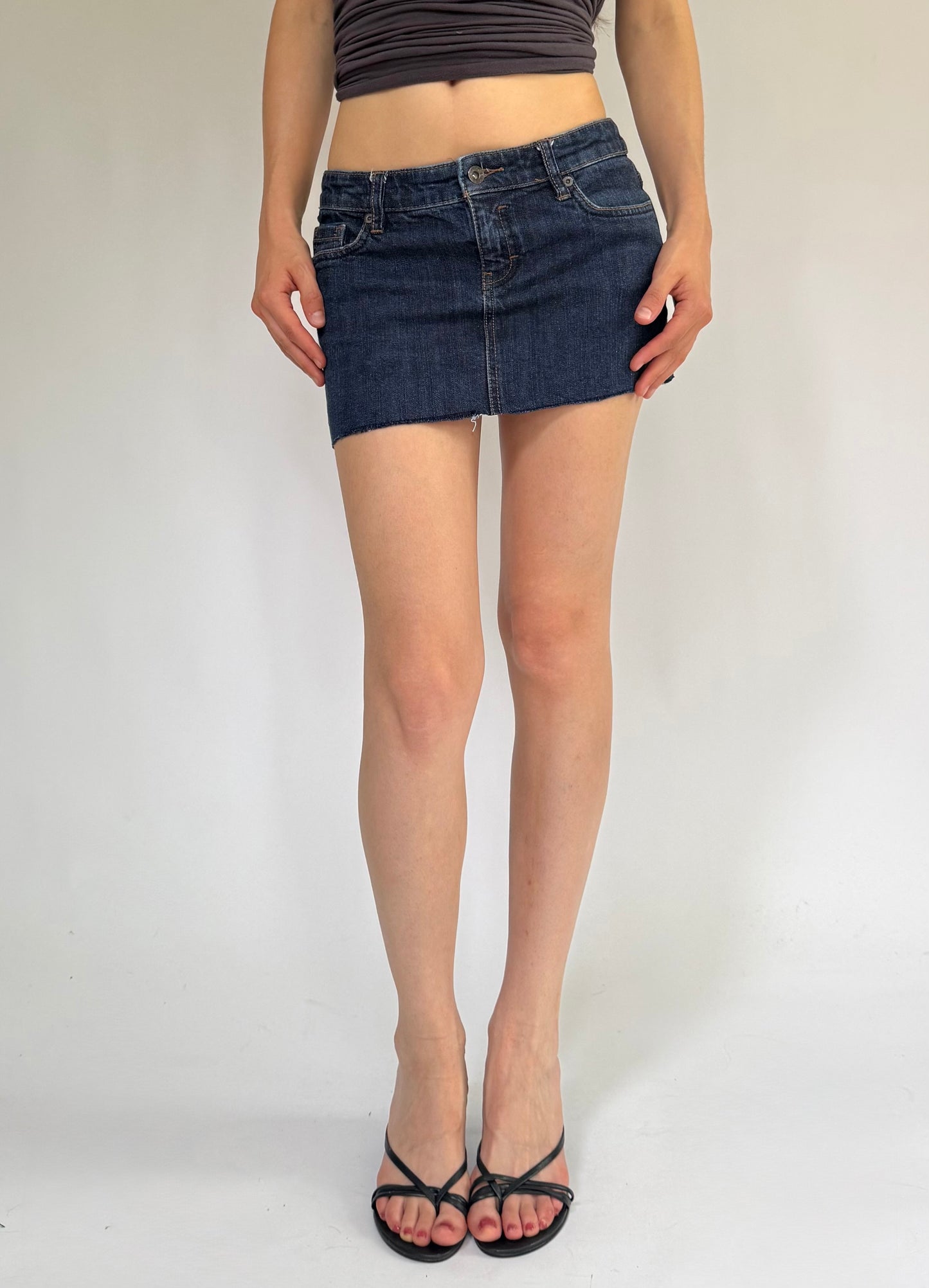 Y2K low rise dark wash denim mini skirt