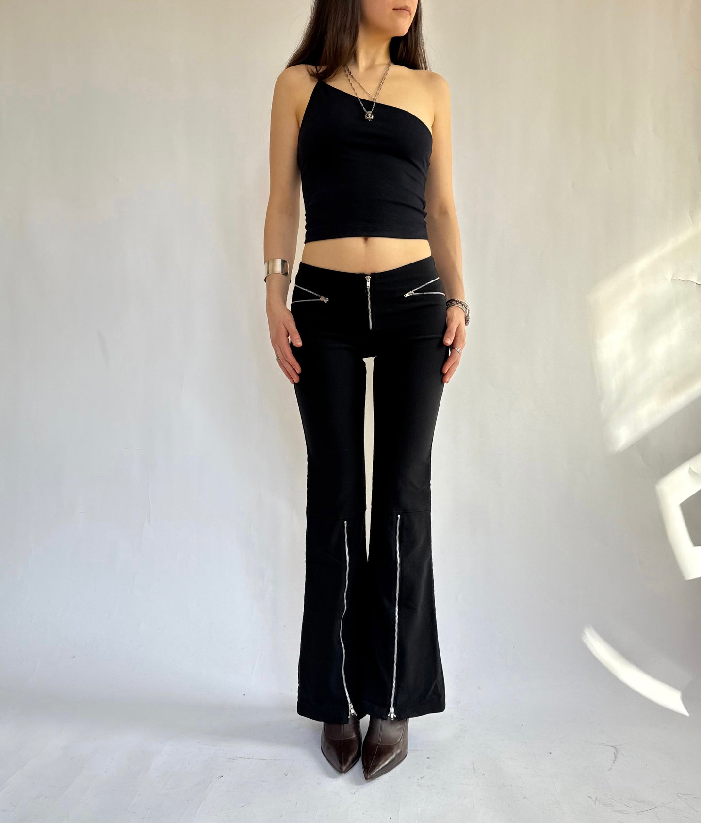 Y2K Black flared bootcut low rise trousers with silver zippers by XOTIC