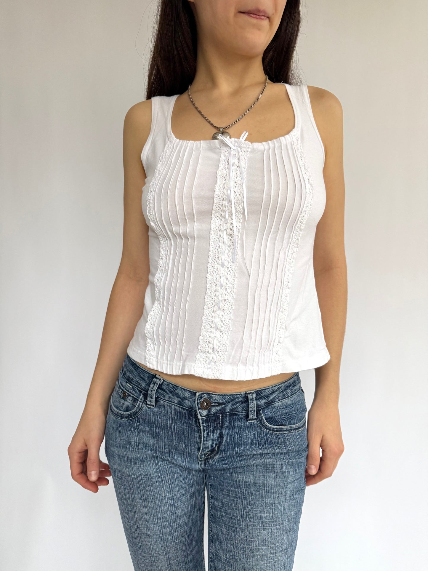 Y2K white cotton top with lace trim and front tie detail