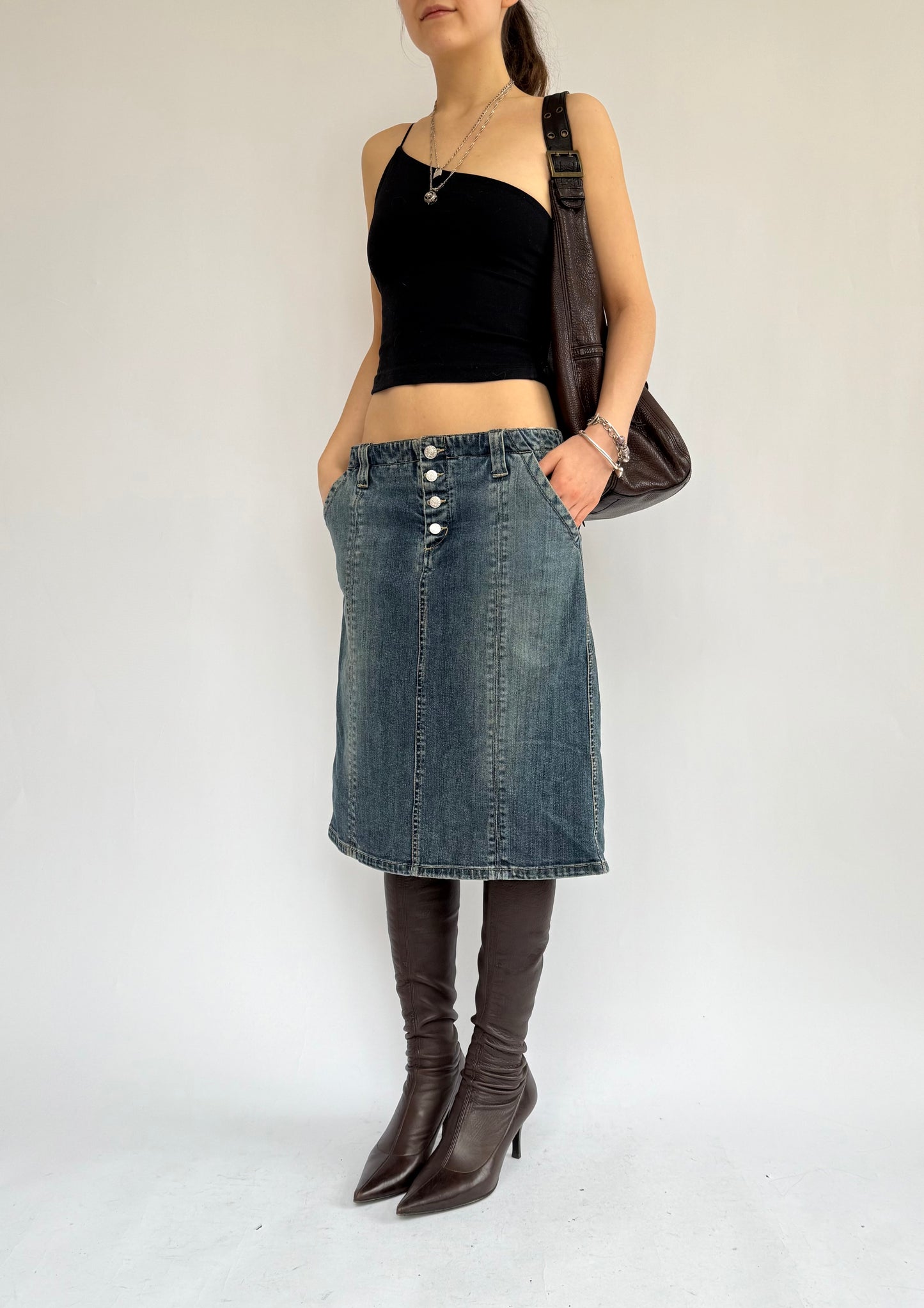 Y2K denim low rise midi skirt by BCBG maxazria