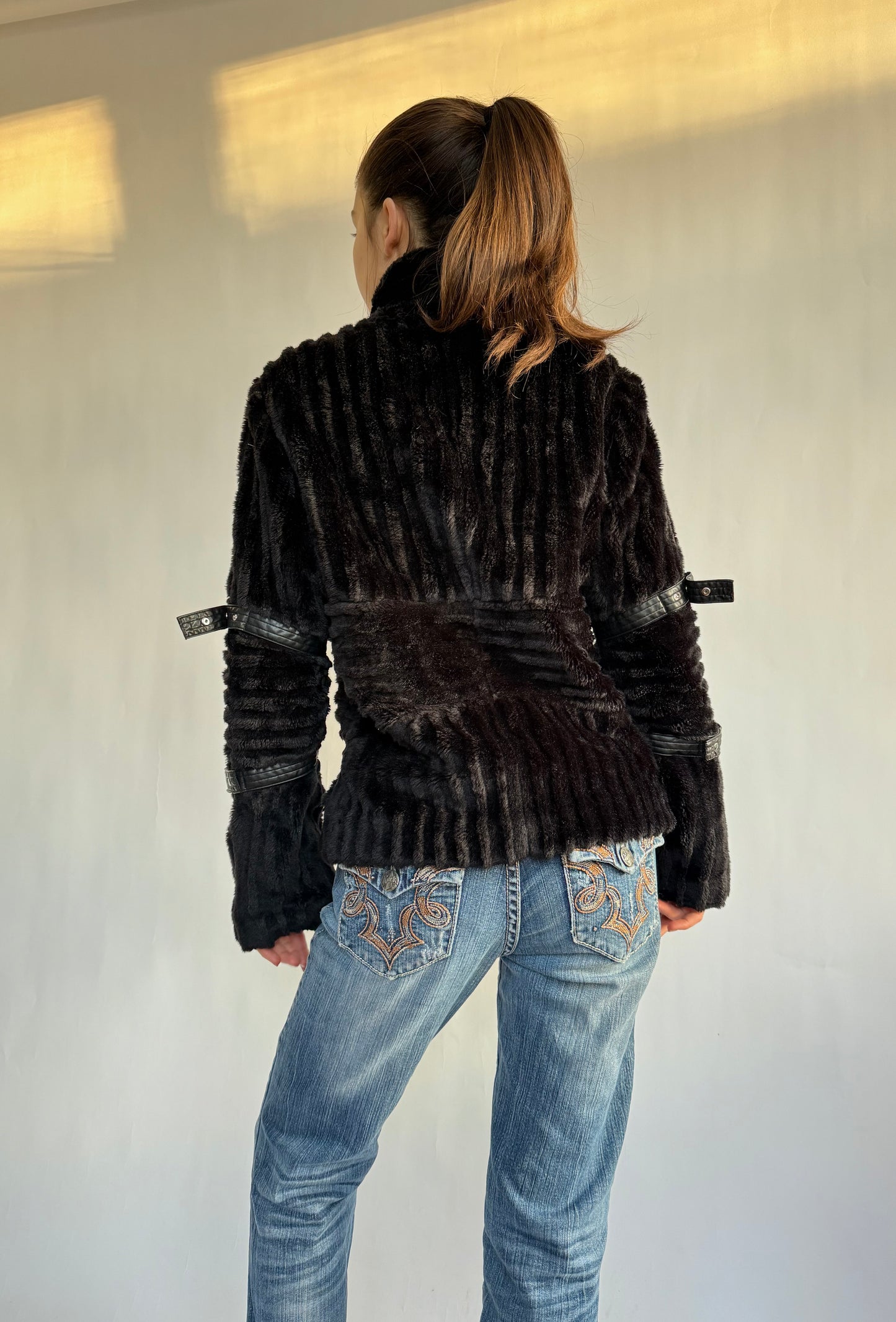 2000s faux fur jacket with buckle details