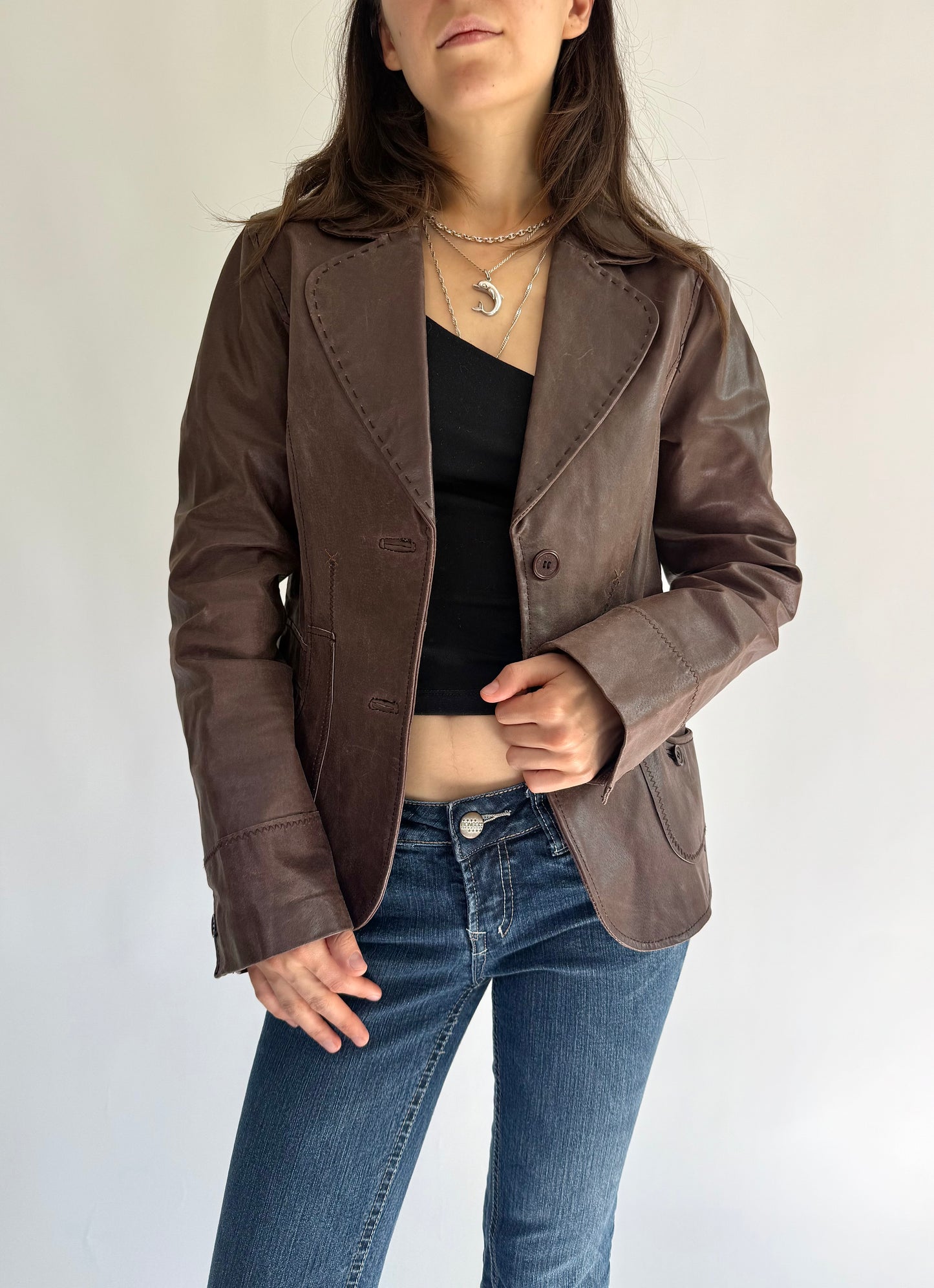 Vintage 90s brown genuine leather blazer jacket
