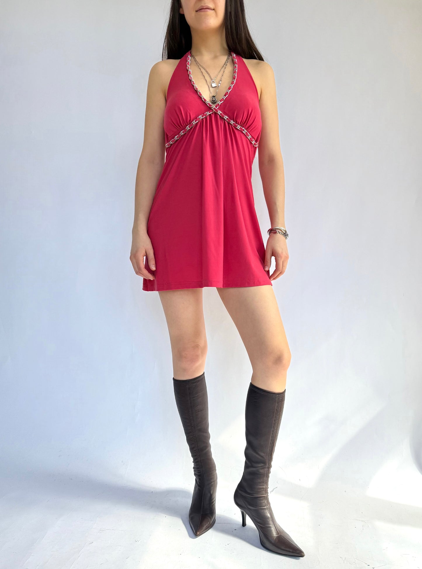 Y2k pink halter mini dress with detailed neckline