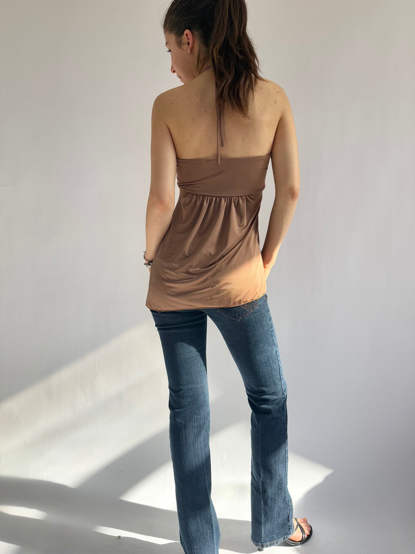 Y2K fairy core tan asymmetrical top with tie detail