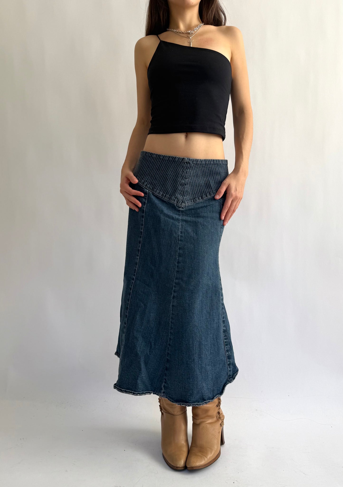 Y2K denim low rise maxi skirt with thick waist band detail by Simon Chang
