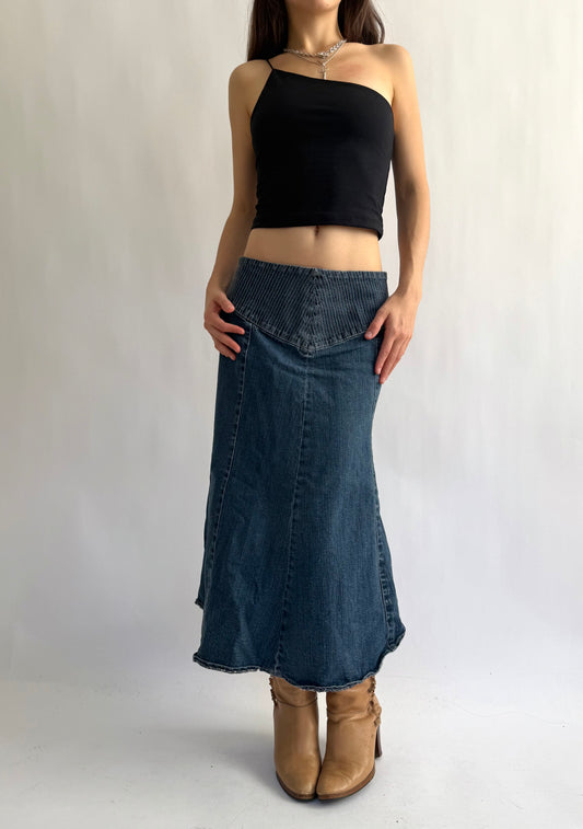 Y2K denim low rise maxi skirt with thick waist band detail by Simon Chang