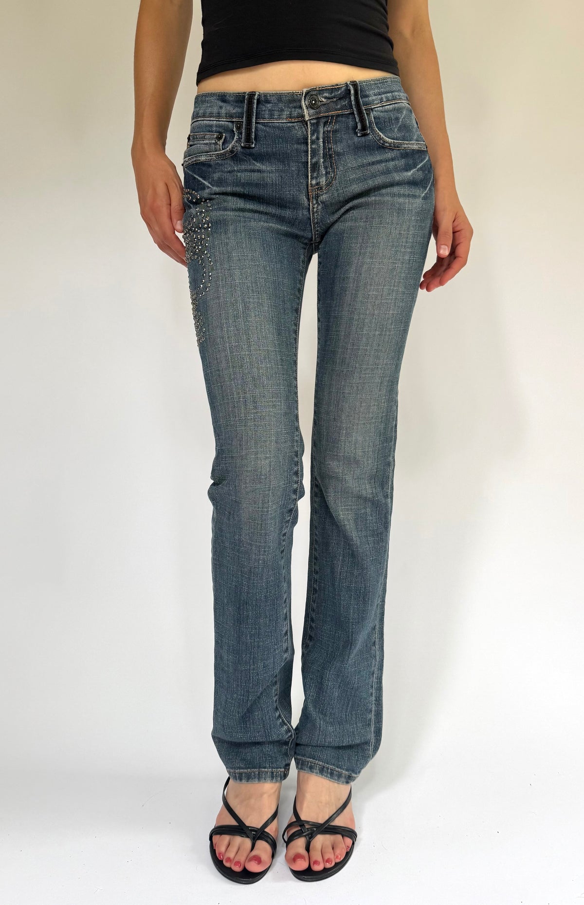 Y2K low rise straight jeans with rhinestone detailing
