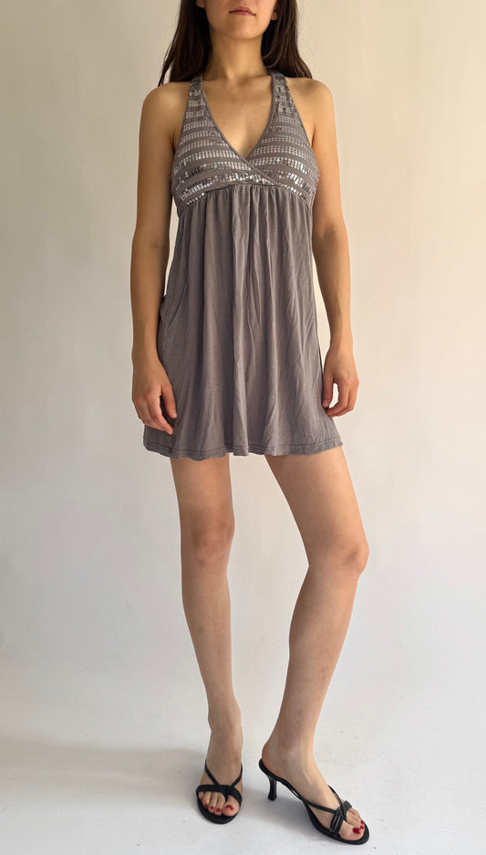 Y2K Grey and silver sequin halter neck mini dress