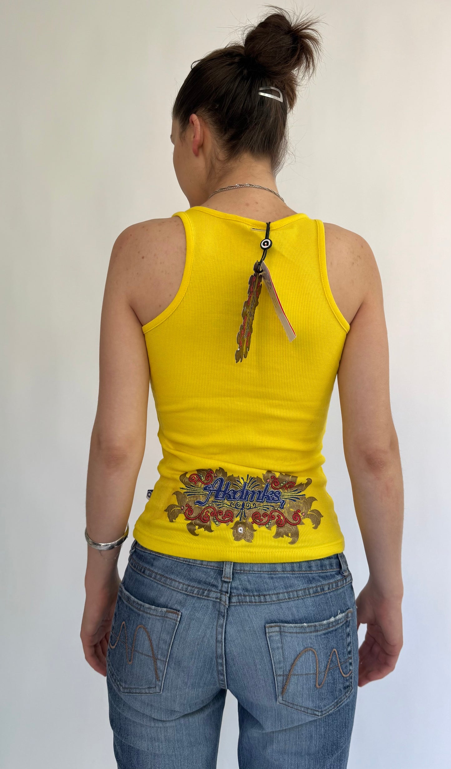 Y2K DEADSTOCK by AKADEMIKS Yellow lace up tank top