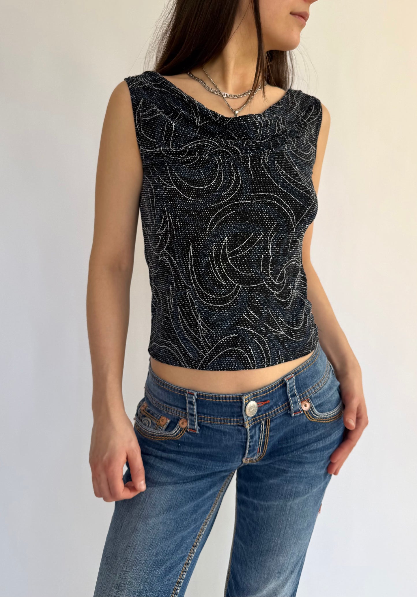 Y2K on or off the shoulder top with silver and blue sequin design