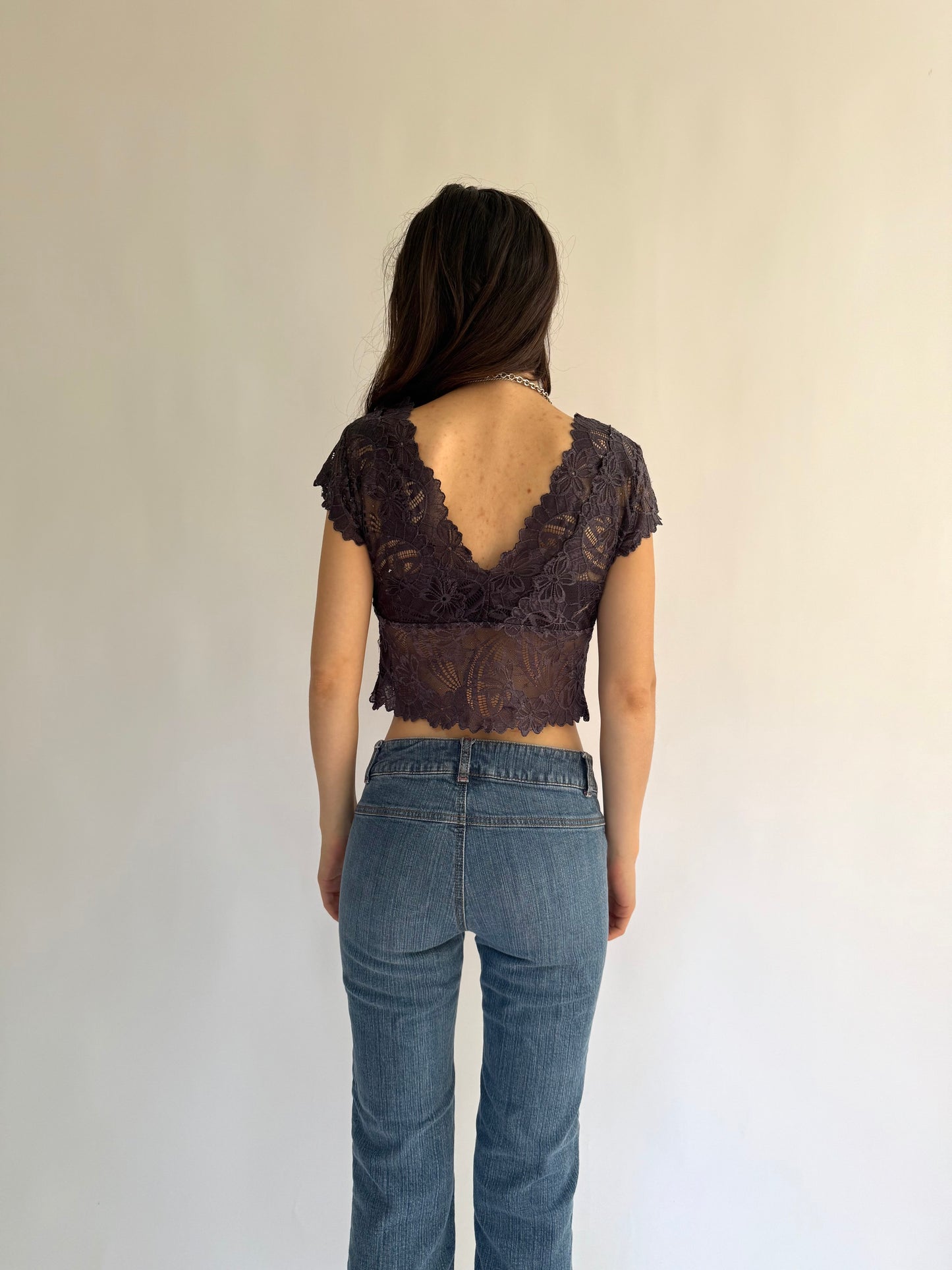 Y2K beaded lace top with V-neck