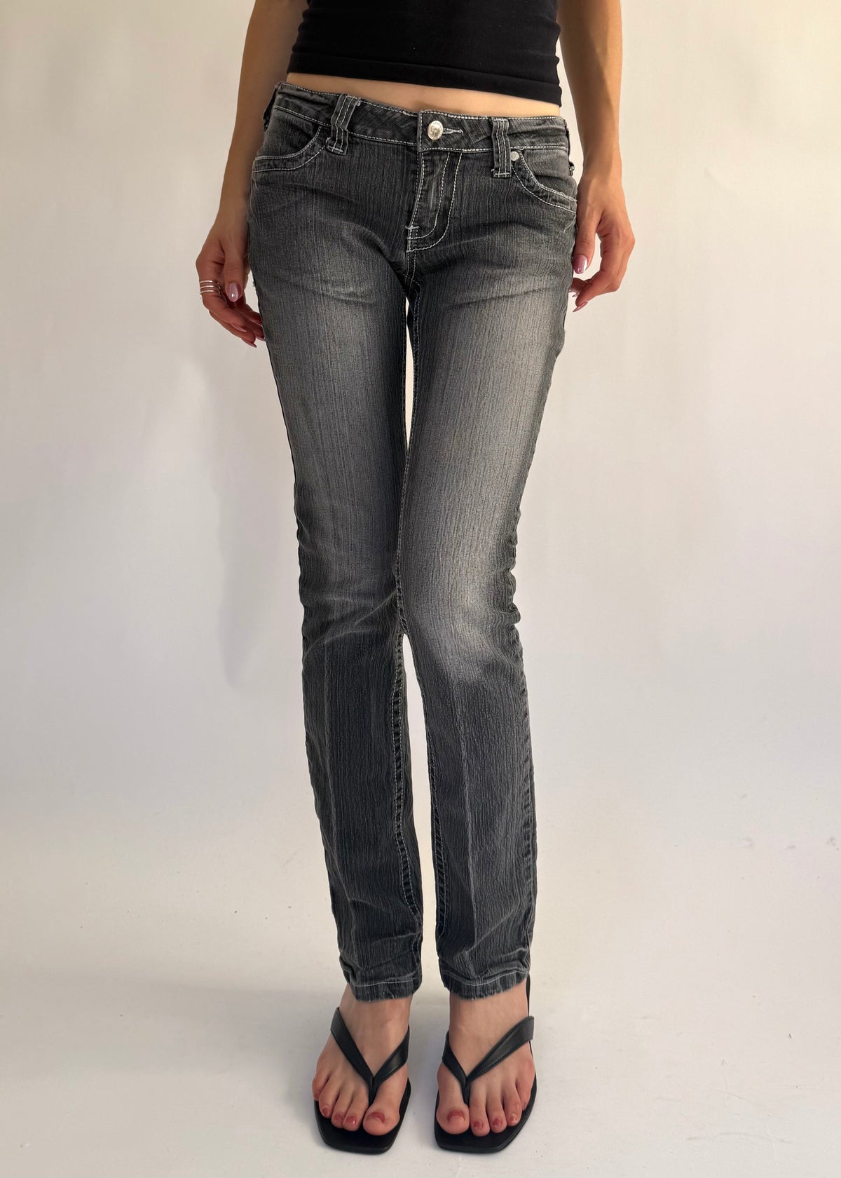 Early 2000s extra low rise gray skinny/straight leg jeans