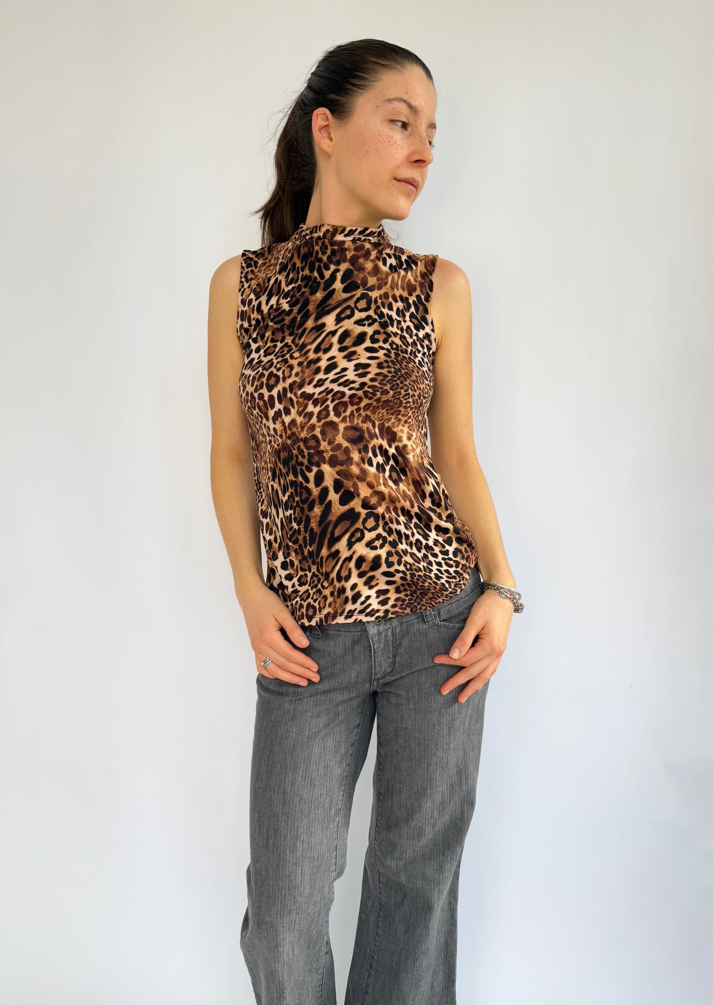 Y2K Leopard print top with high neck