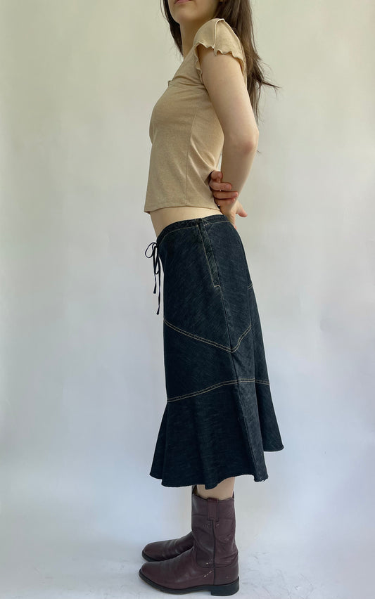 Y2K low rise denim midi skirt