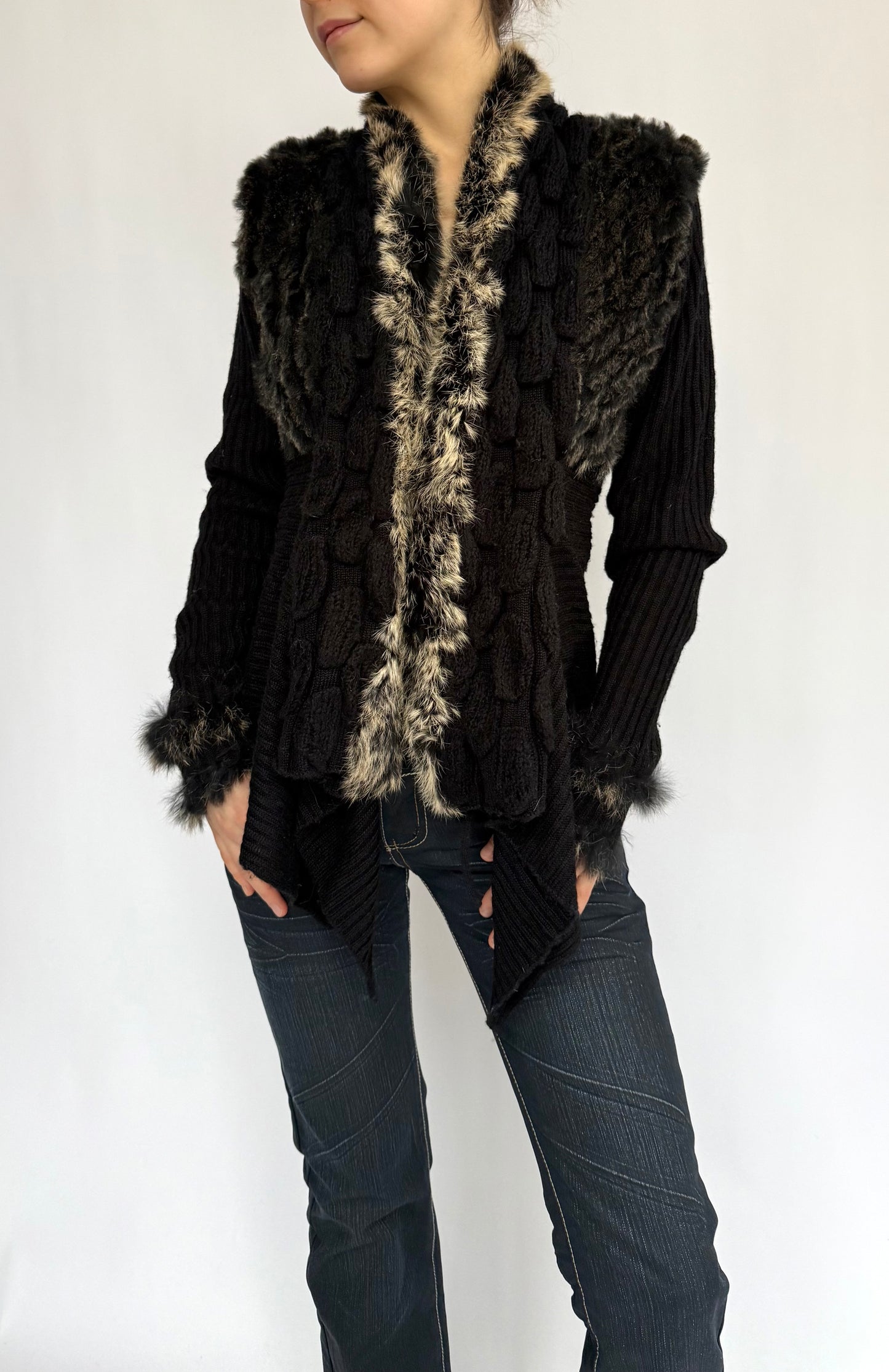 Y2K Black jacket with rabbit fur trim and ruffles