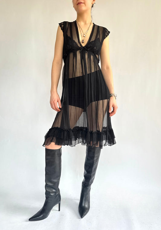 Vintage 90s Black mesh babydoll dress with ruffles and bow detail
