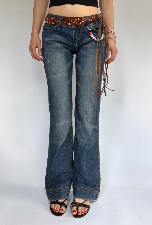 Y2K deadstock DOLLHOUSE charm low rise belted dark wash flared jeans