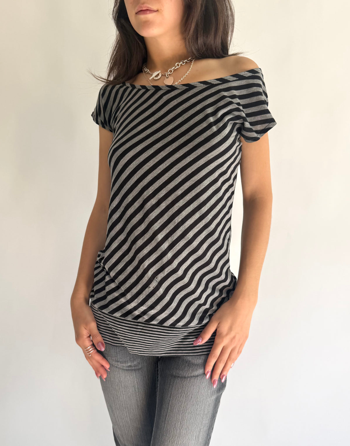 Y2K black & white diagonal striped off the shoulder top
