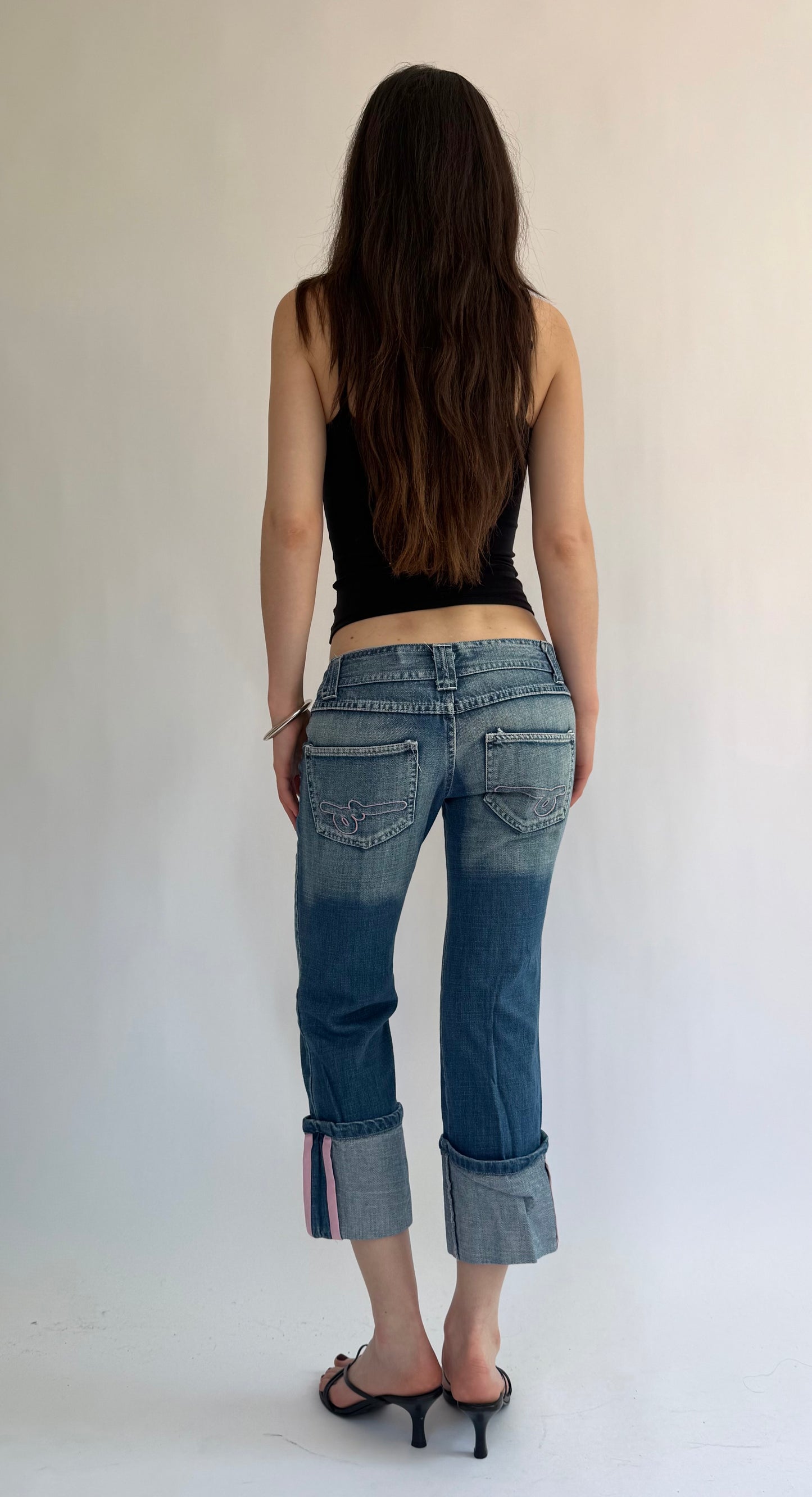 Y2K extra Low rise denim capris with baby pink embroidered back