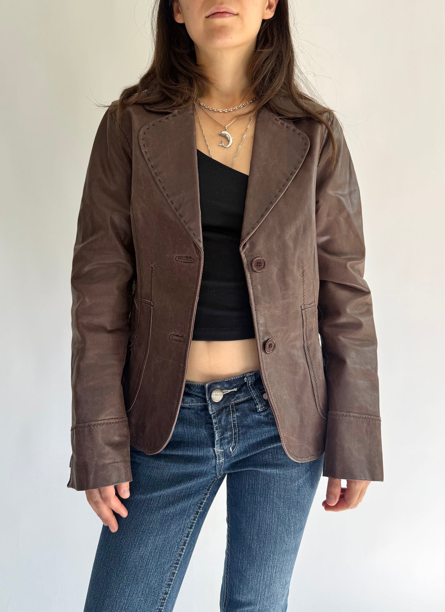 Vintage 90s brown genuine leather blazer jacket