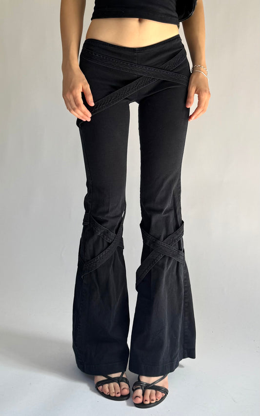 Y2K grunge core low rise flared pants with criss cross strap detailing