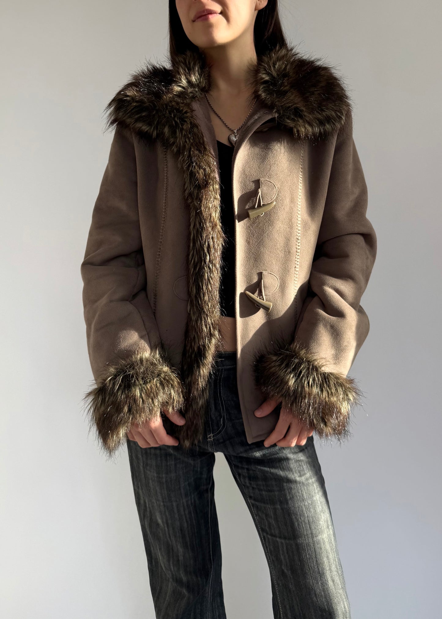 Y2K faux fur lined jacket with toggle fastening