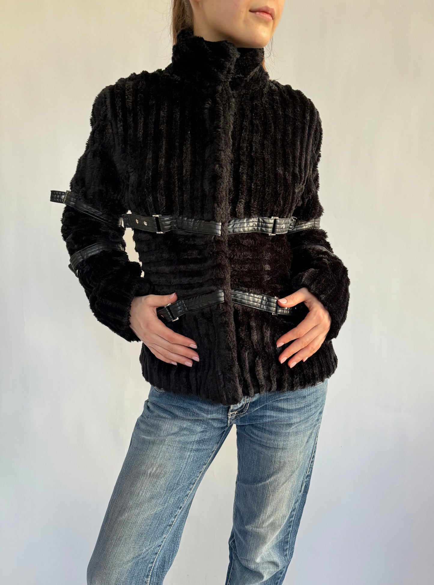 2000s faux fur jacket with buckle details