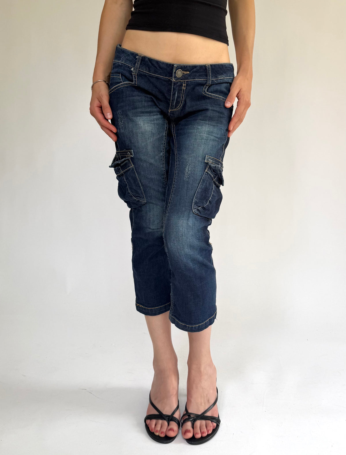 Y2K extra low rise denim capri cargo jeans