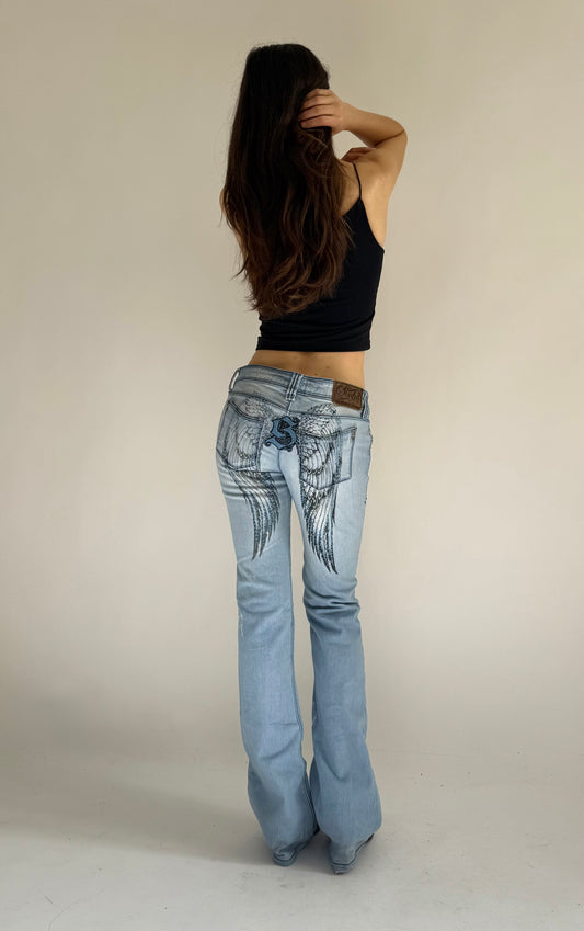 Y2K deadstock SINFUL low rise flared jeans with back print