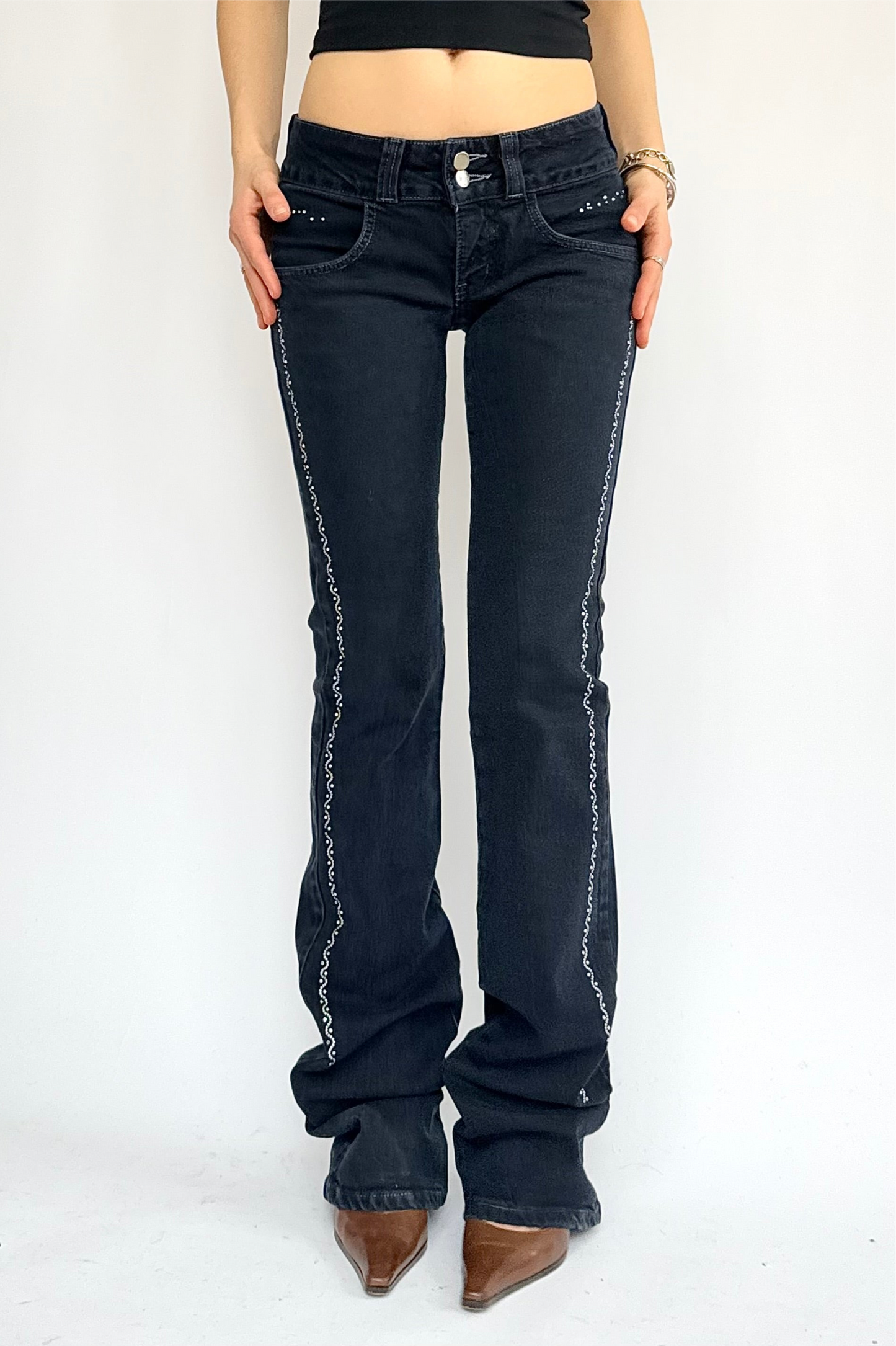 Y2K dark wash low rise flared jeans with silver studs
