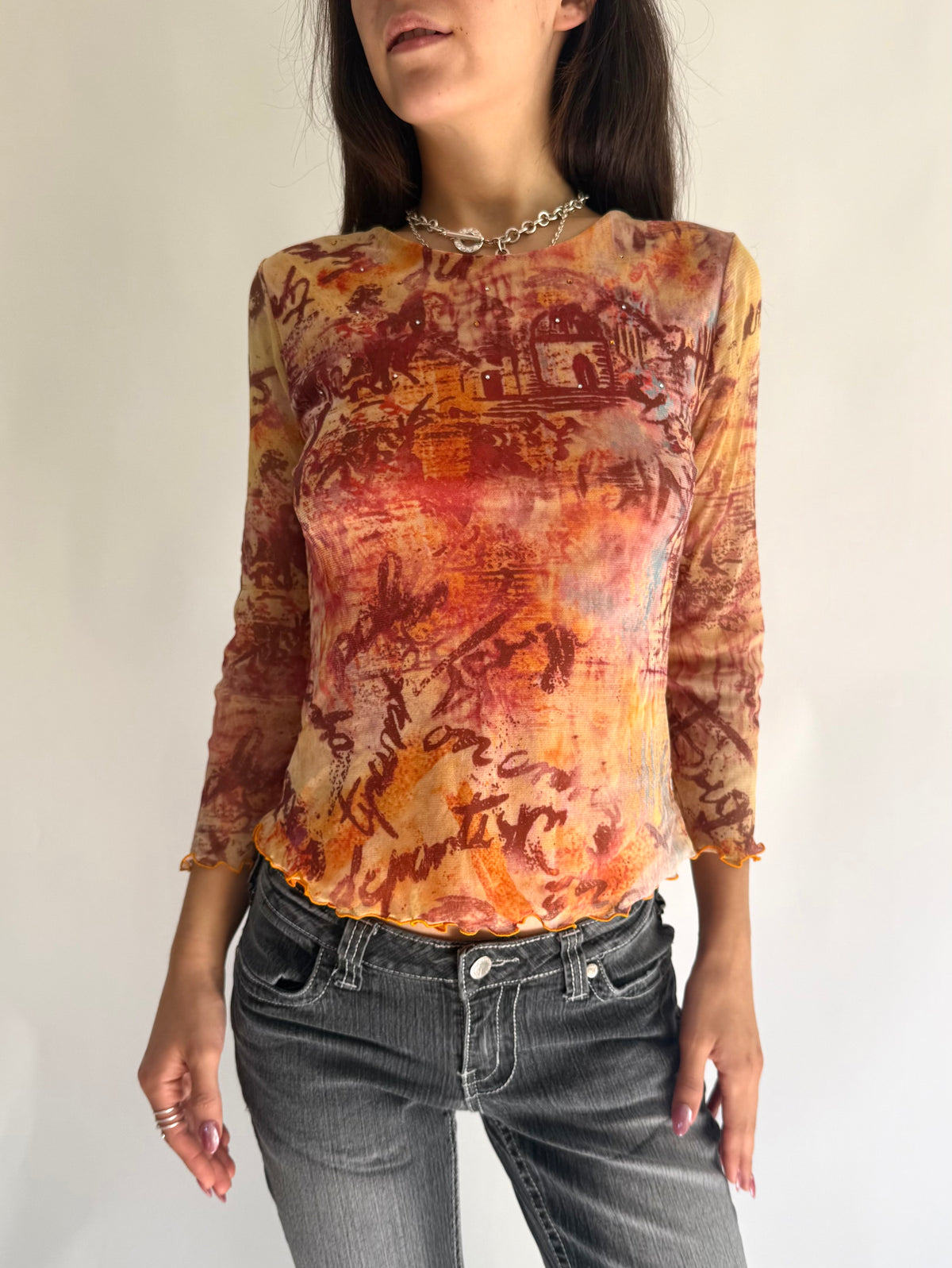 Y2K Orange graphic print mesh blouse with 3/4 sleeves and gems
