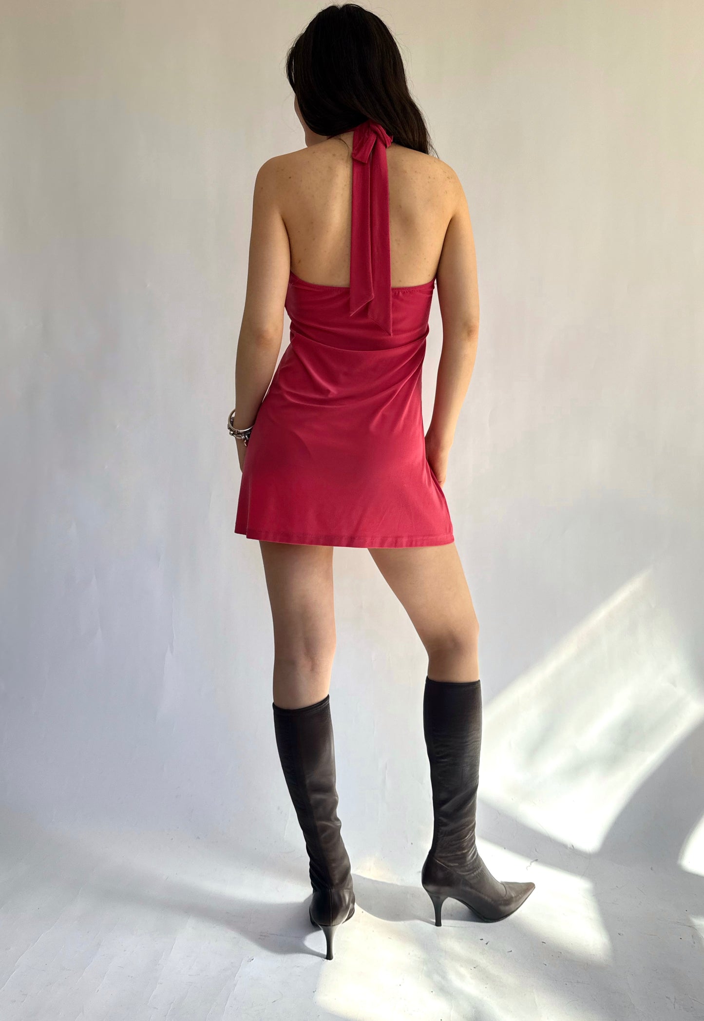 Y2k pink halter mini dress with detailed neckline