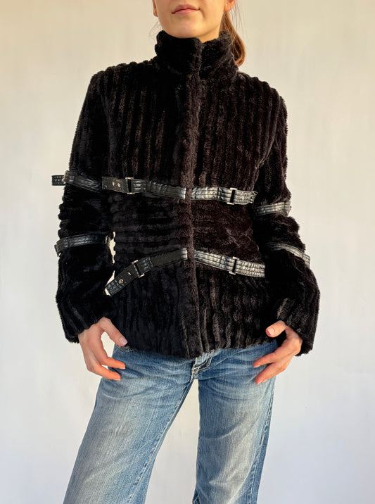 2000s faux fur jacket with buckle details