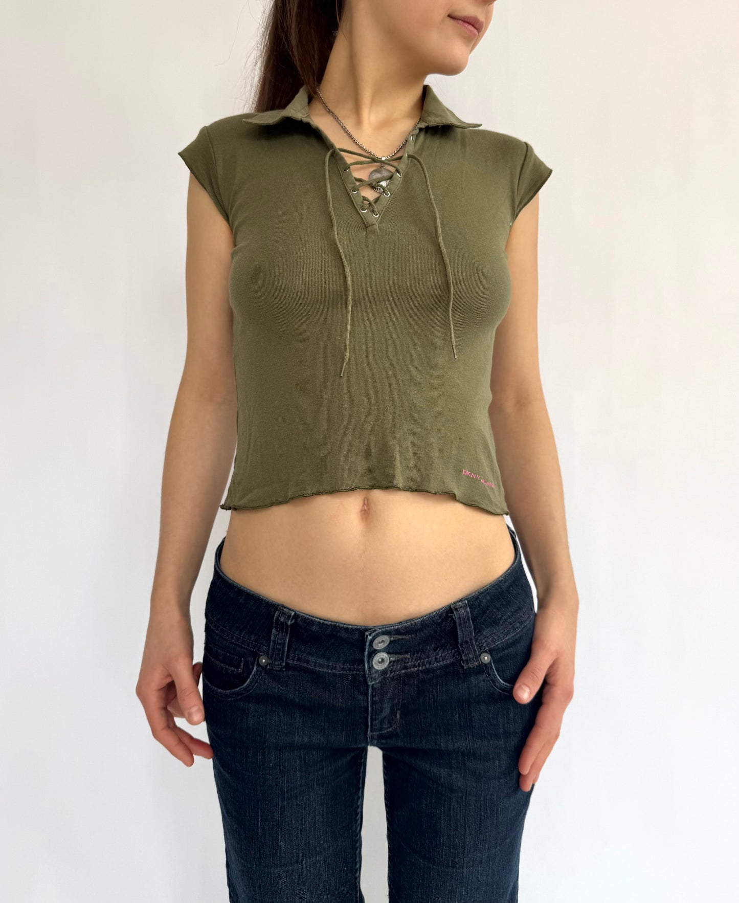 Y2K/2000s olive green cotton baby tee by DKNY