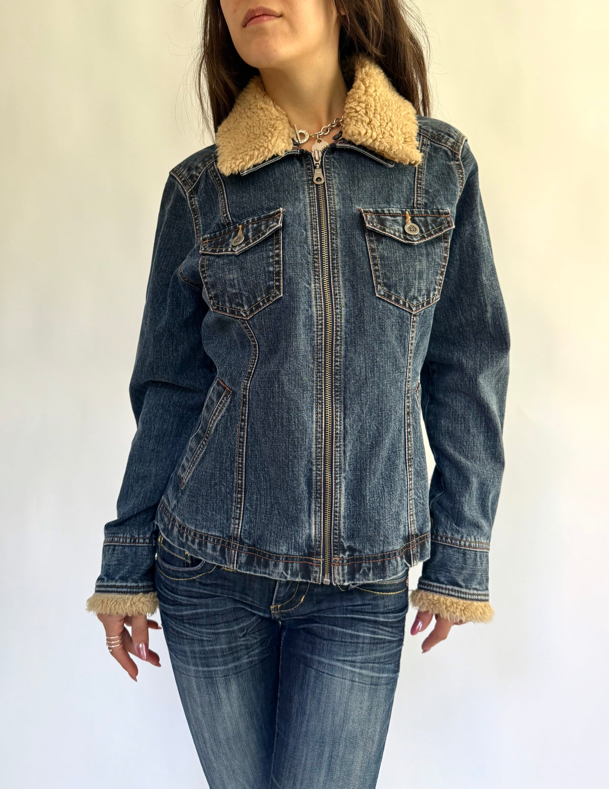French Cuff Y2K Sherpa Collar Denim Jacket – Size M