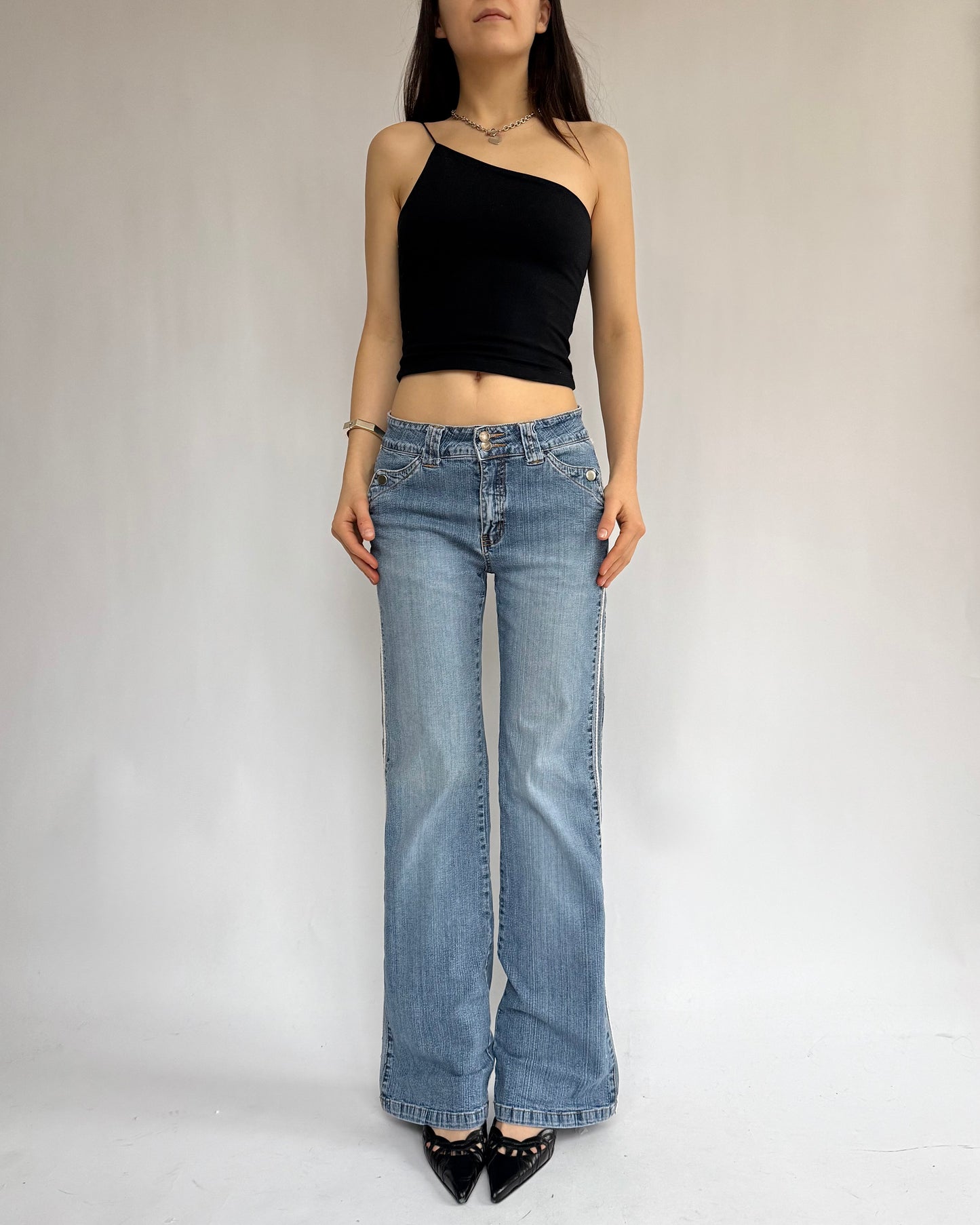 Y2k low rise jeans with side white stripe