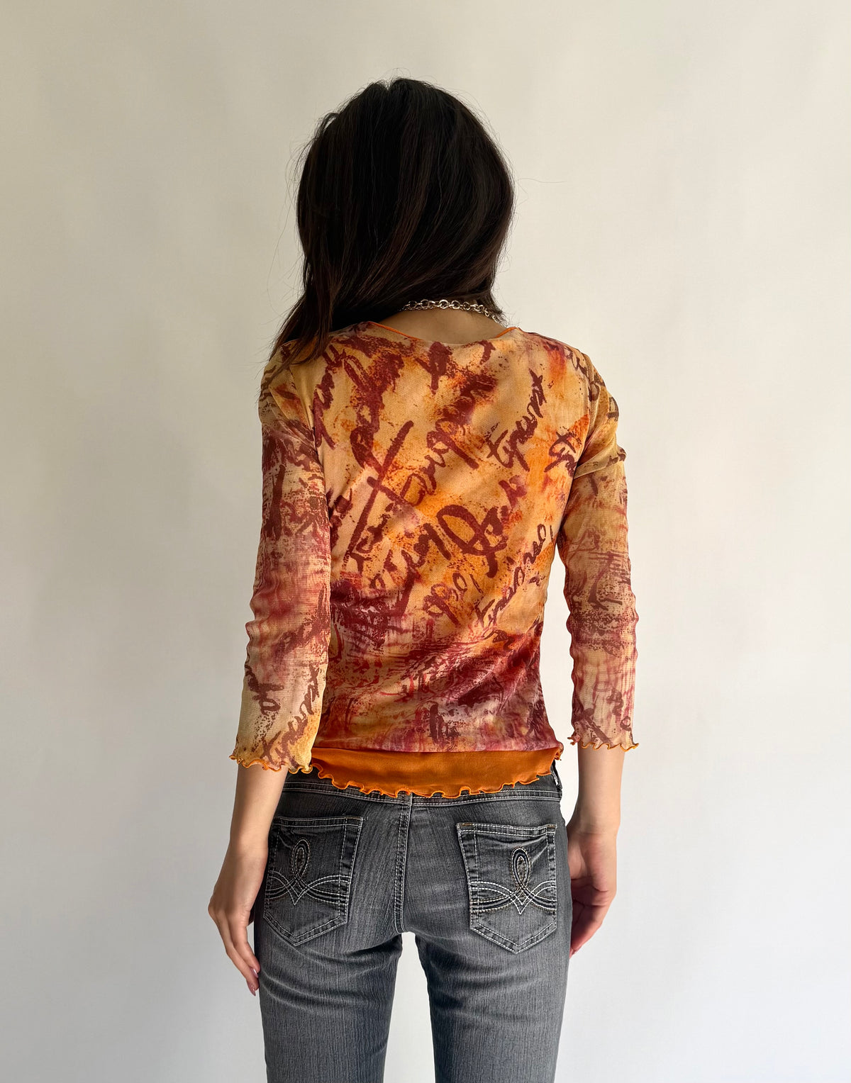 Y2K Orange graphic print mesh blouse with 3/4 sleeves and gems