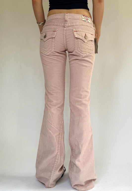 Y2K DEADSTOCK with tags TRUE RELIGION pink corduroy low-rise flare jeans