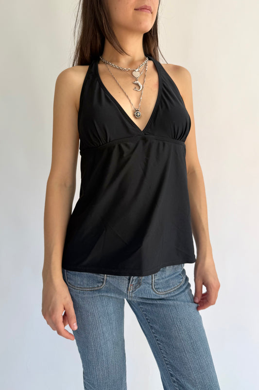 Y2K black halter v-neck top