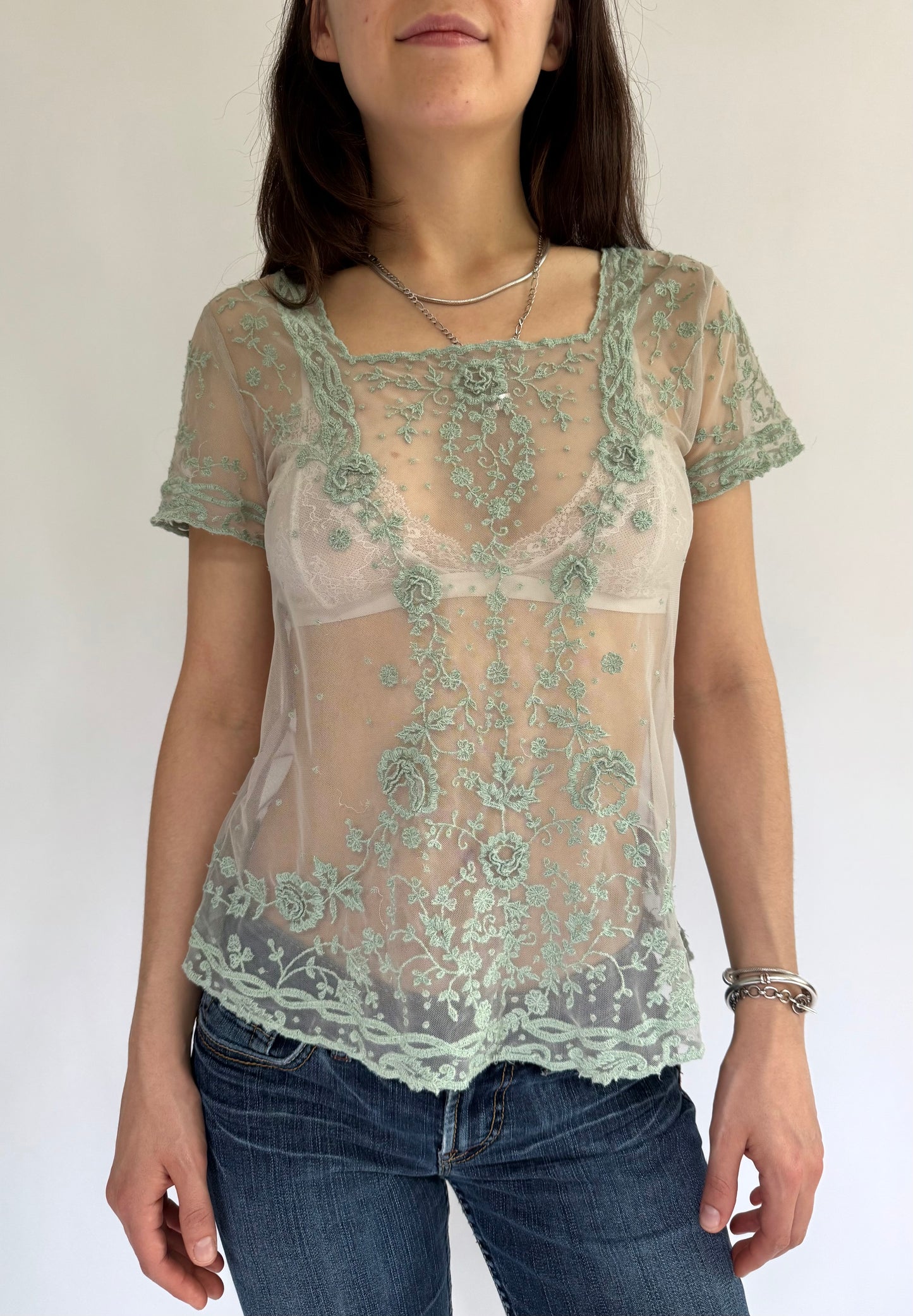 Y2K green mesh flower embroidered top