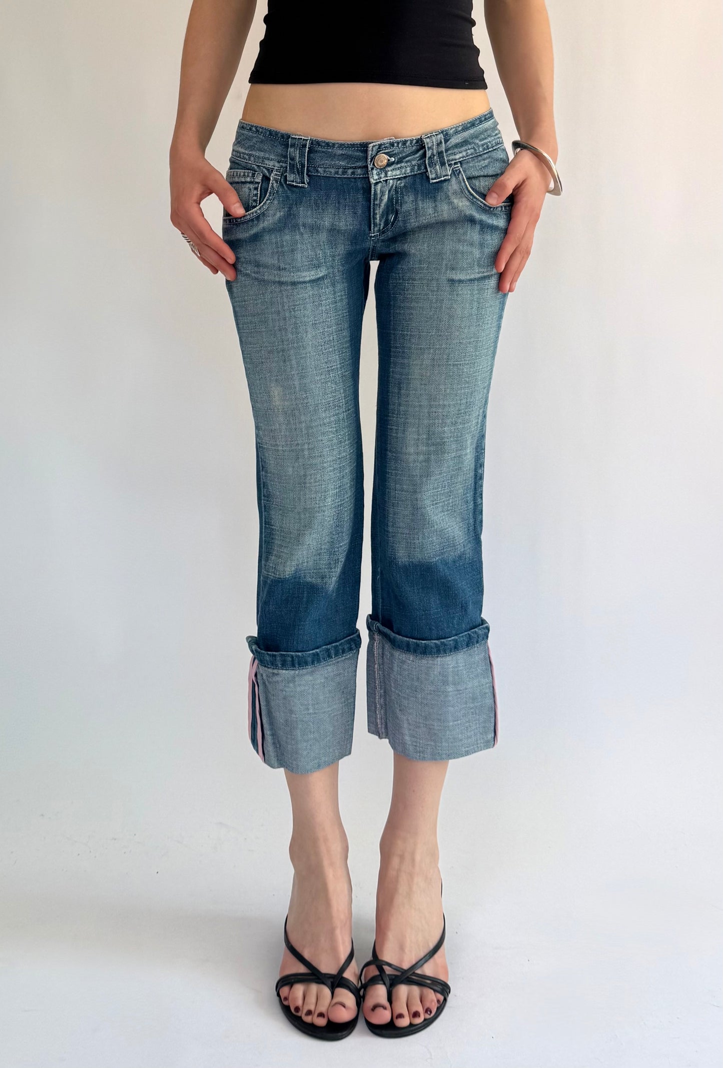 Y2K extra Low rise denim capris with baby pink embroidered back