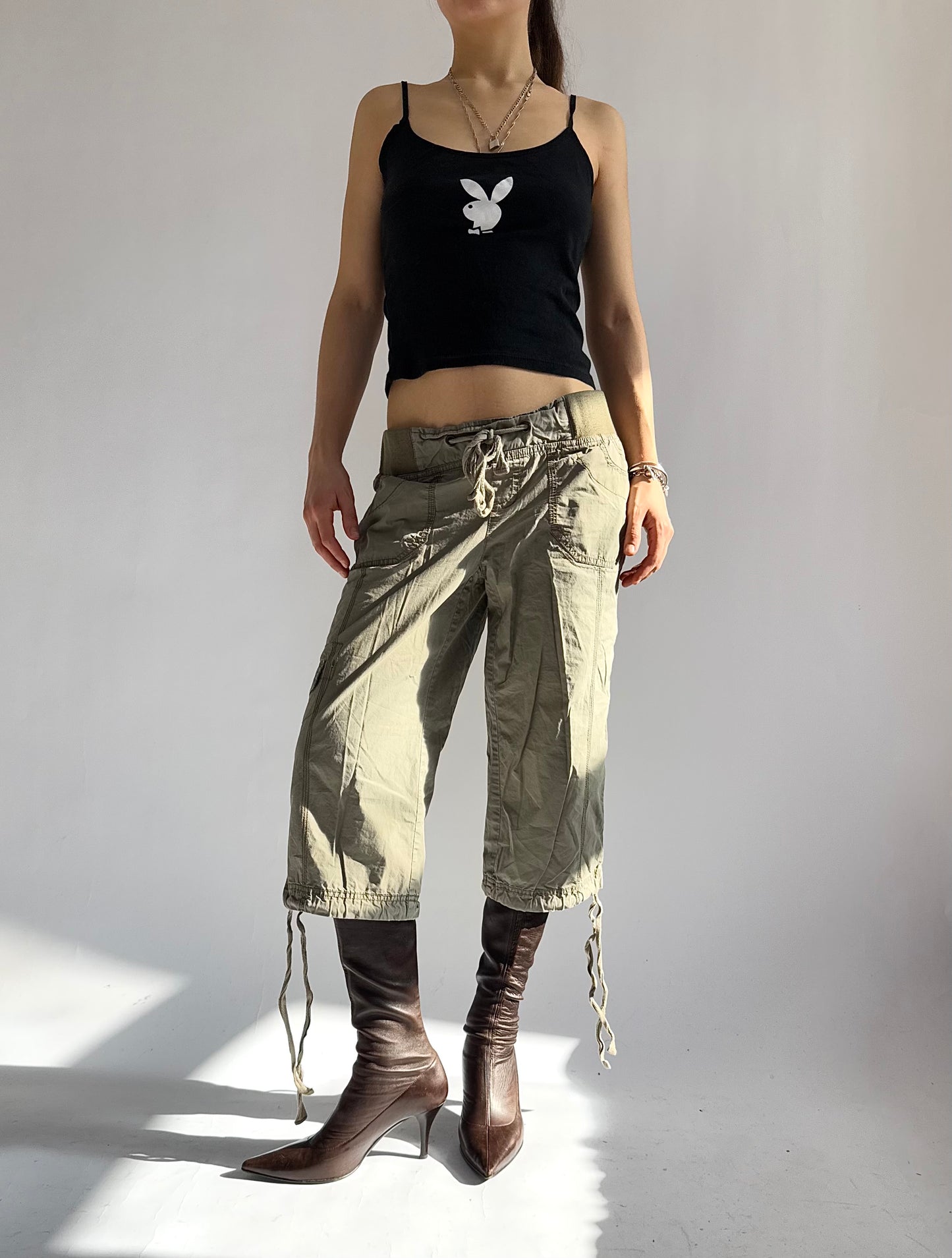 Y2k Khaki cargo low rise capris pants with adjustable waist