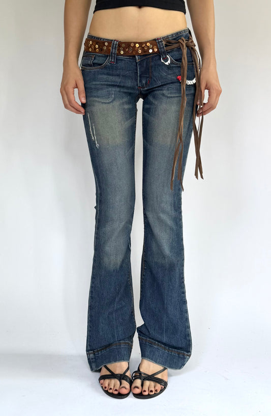 Y2K deadstock DOLLHOUSE charm low rise belted dark wash flared jeans