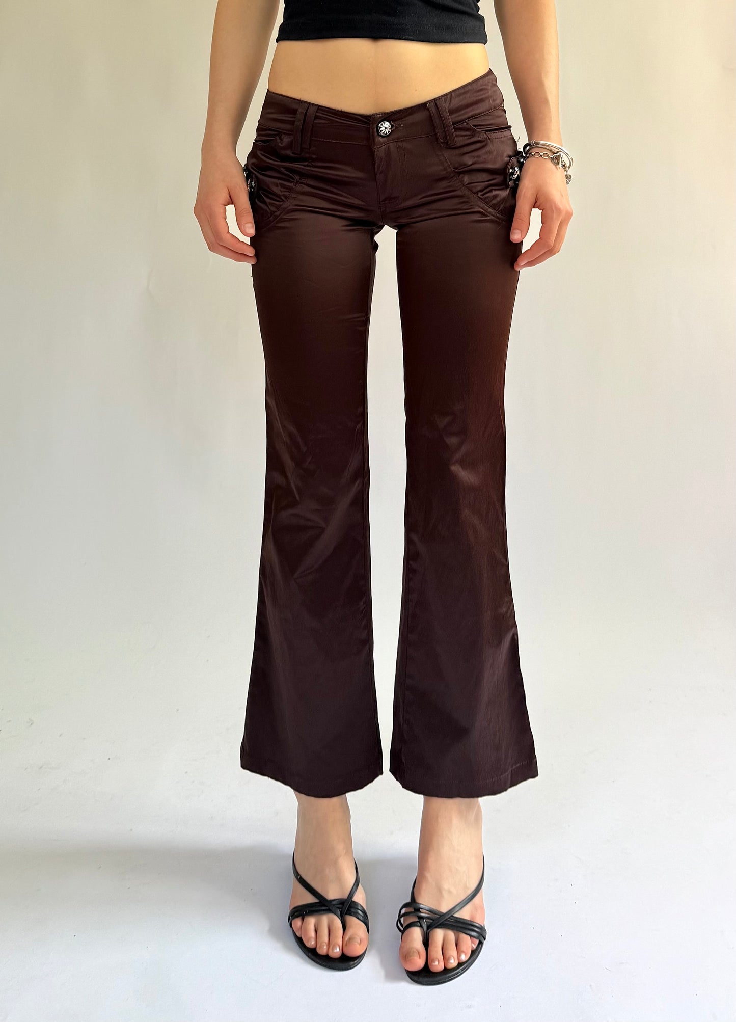 Y2K brown low-rise flare pants with bead detailing and zipper back