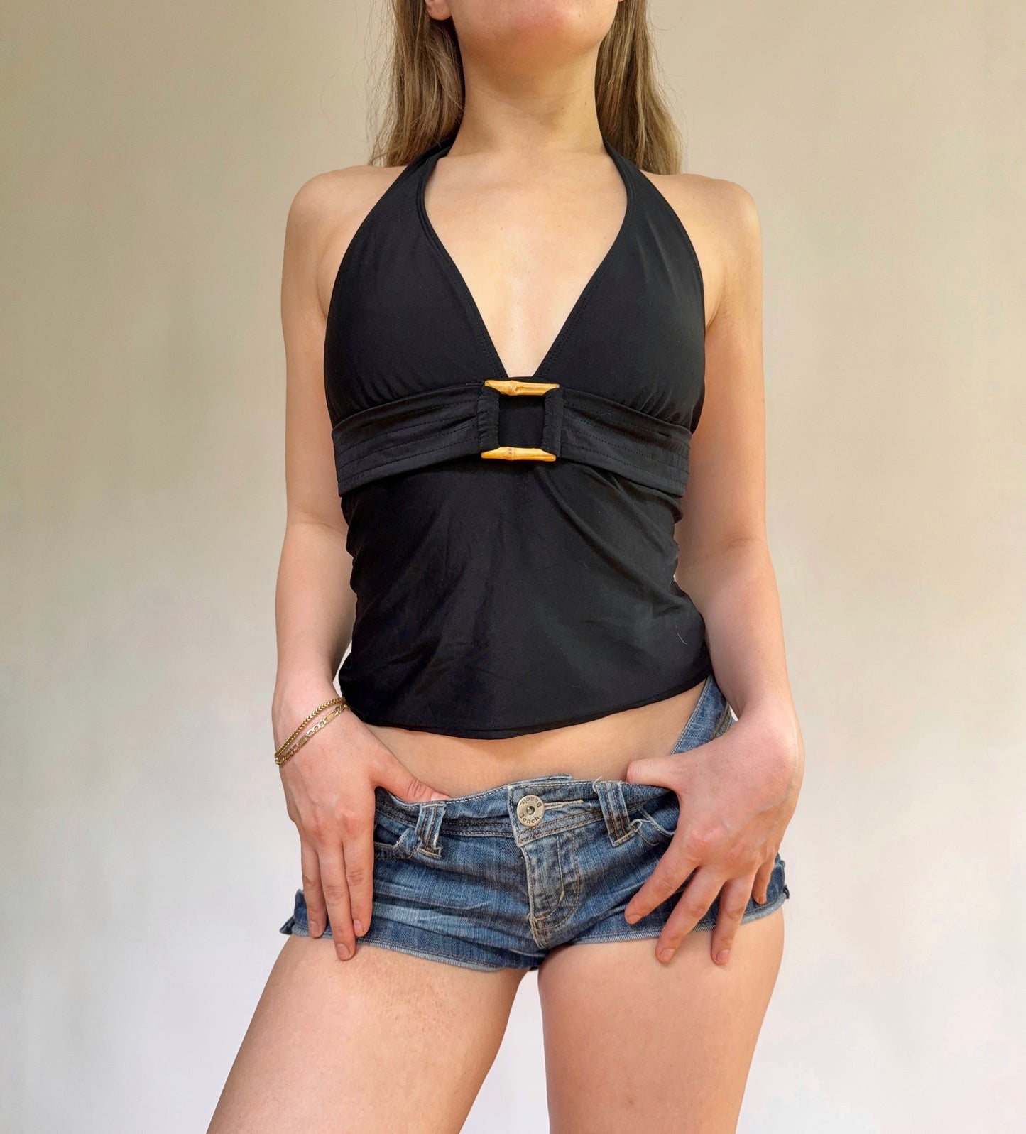 Y2K Black halter top with wood buckle detail
