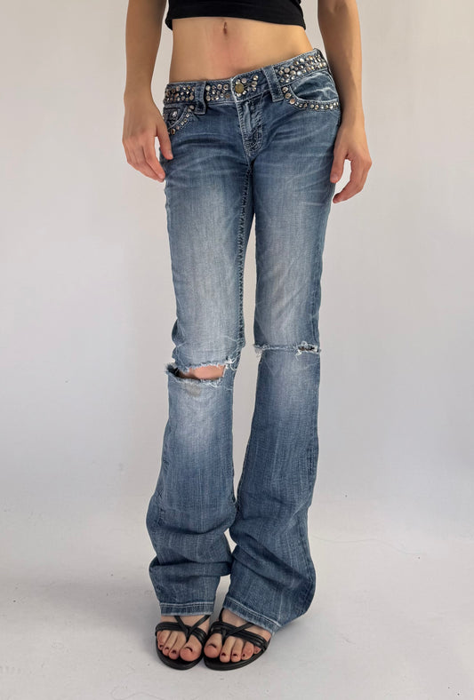 Y2K insane low rise MISS ME bedazzled flared jeans