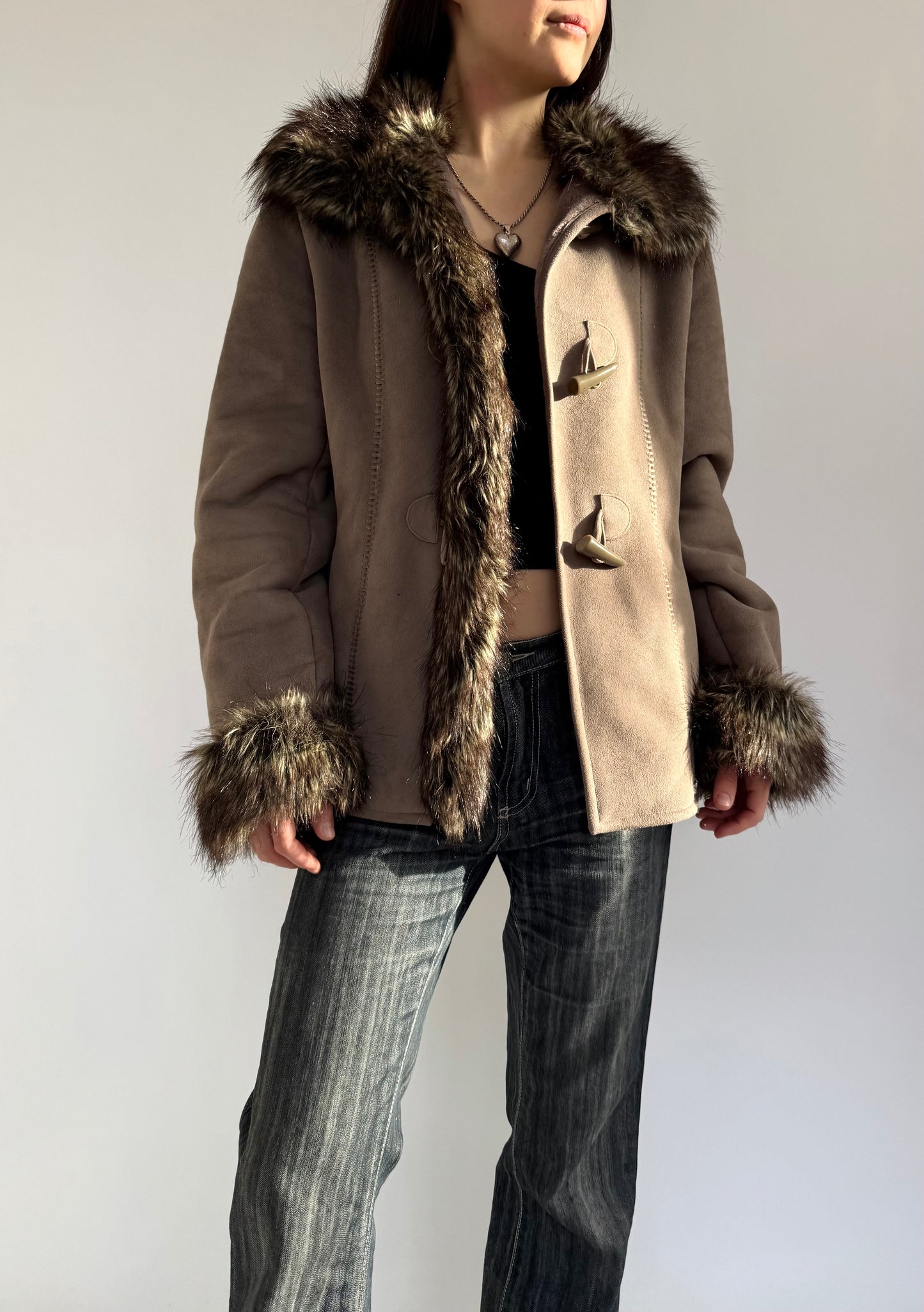 Y2K faux fur lined jacket with toggle fastening
