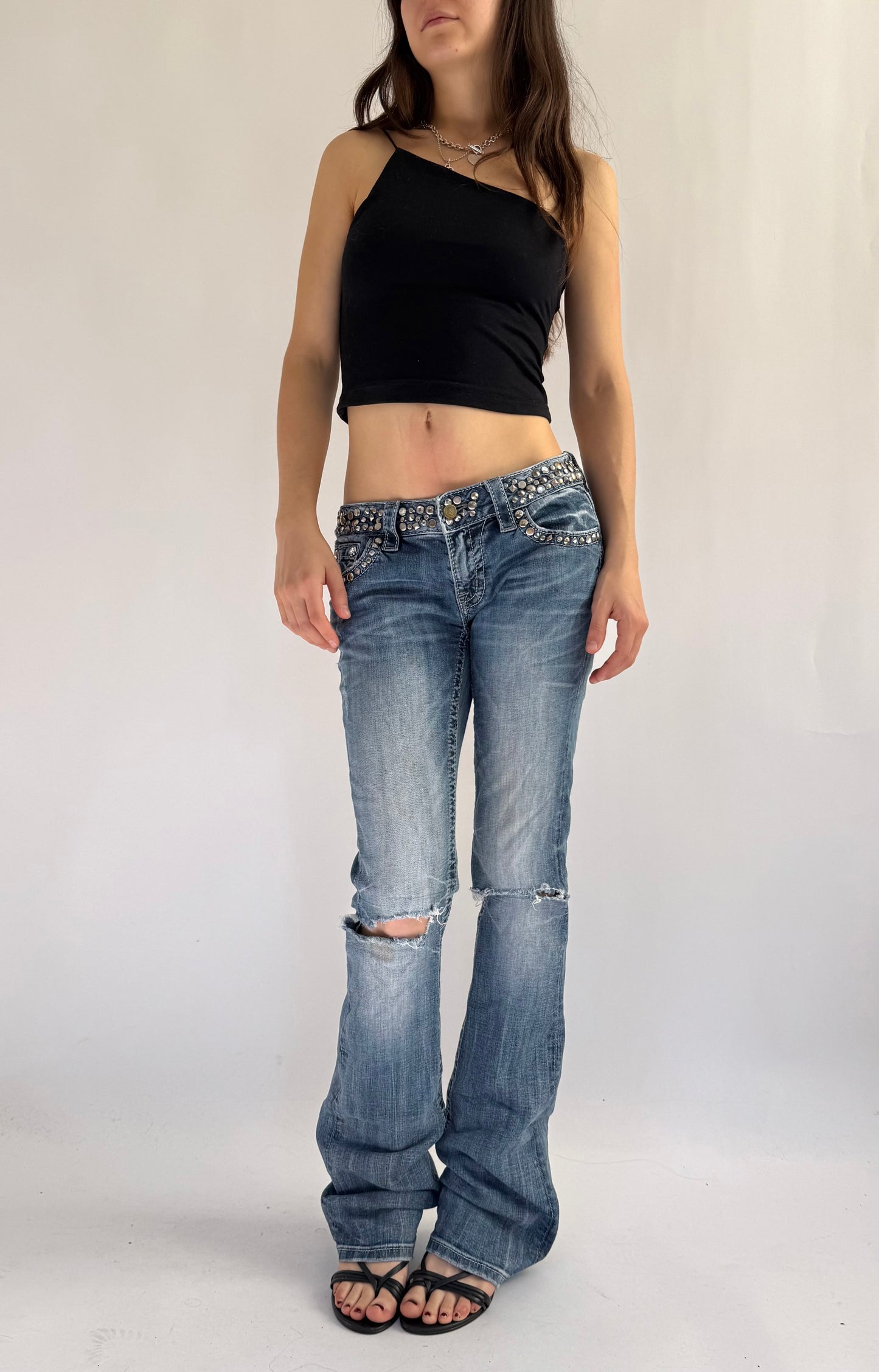 Y2K insane low rise MISS ME bedazzled flared jeans